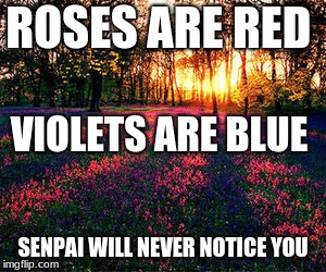 roses are red | ROSES ARE RED; VIOLETS ARE BLUE; SENPAI WILL NEVER NOTICE YOU | image tagged in roses are red | made w/ Imgflip meme maker