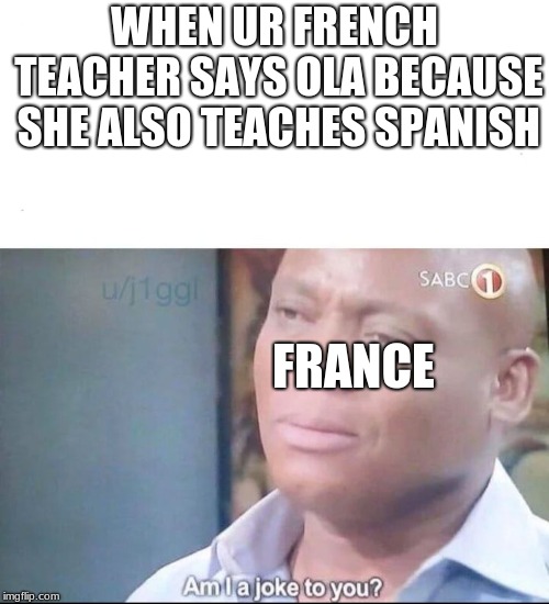 am I a joke to you | WHEN UR FRENCH TEACHER SAYS OLA BECAUSE SHE ALSO TEACHES SPANISH; FRANCE | image tagged in am i a joke to you | made w/ Imgflip meme maker