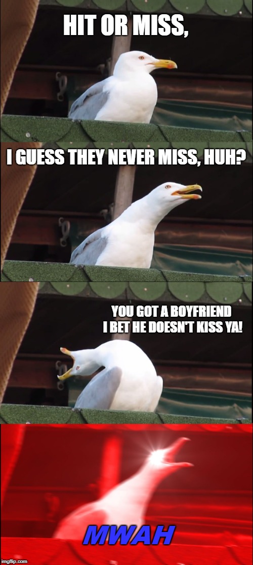 Inhaling Seagull Meme | HIT OR MISS, I GUESS THEY NEVER MISS, HUH? YOU GOT A BOYFRIEND I BET HE DOESN'T KISS YA! MWAH | image tagged in memes,inhaling seagull,k-pop,hit or miss | made w/ Imgflip meme maker