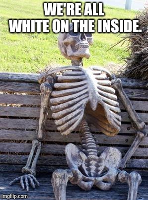 Waiting Skeleton Meme | WE'RE ALL WHITE ON THE INSIDE. | image tagged in memes,waiting skeleton | made w/ Imgflip meme maker