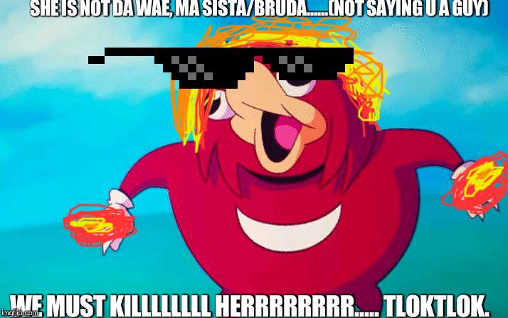 Ugandan Knuckles | SHE IS NOT DA WAE, MA SISTA/BRUDA......(NOT SAYING U A GUY) WE MUST KILLLLLLLL HERRRRRRRR..... TLOKTLOK. | image tagged in ugandan knuckles | made w/ Imgflip meme maker