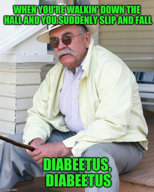 Ever sing the diarrhea song when you were in grade school? | WHEN YOU'RE WALKIN' DOWN THE HALL AND YOU SUDDENLY SLIP AND FALL; DIABEETUS, DIABEETUS | image tagged in brimley,diabeetus,porch | made w/ Imgflip meme maker
