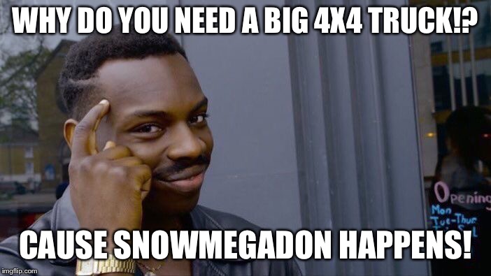 Roll Safe Think About It Meme | WHY DO YOU NEED A BIG 4X4 TRUCK!? CAUSE SNOWMEGADON HAPPENS! | image tagged in memes,roll safe think about it | made w/ Imgflip meme maker