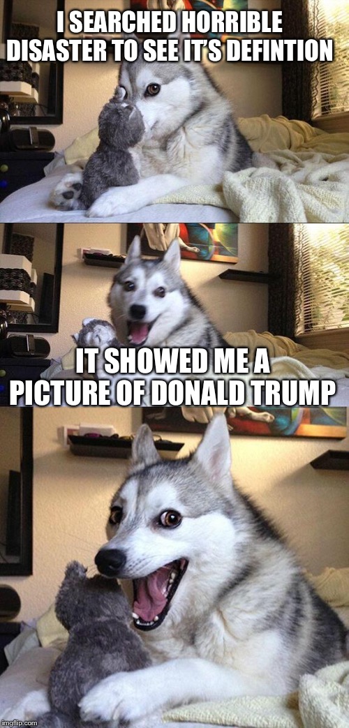 Bad Pun Dog | I SEARCHED HORRIBLE DISASTER TO SEE IT’S DEFINTION; IT SHOWED ME A PICTURE OF DONALD TRUMP | image tagged in memes,bad pun dog,donald trump,apocalypse | made w/ Imgflip meme maker