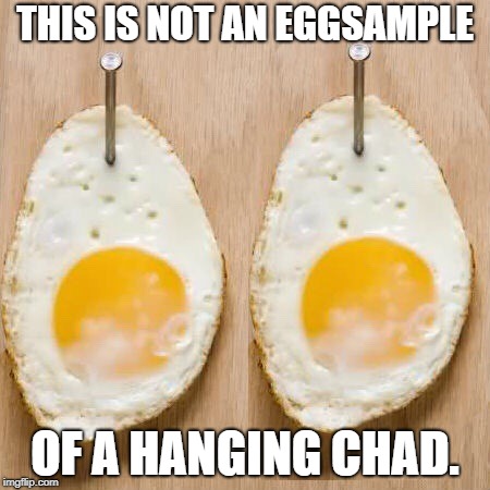 He nailed it sunny side up. |  THIS IS NOT AN EGGSAMPLE; OF A HANGING CHAD. | image tagged in eggs,egg,puns,bad pun,nailed it | made w/ Imgflip meme maker