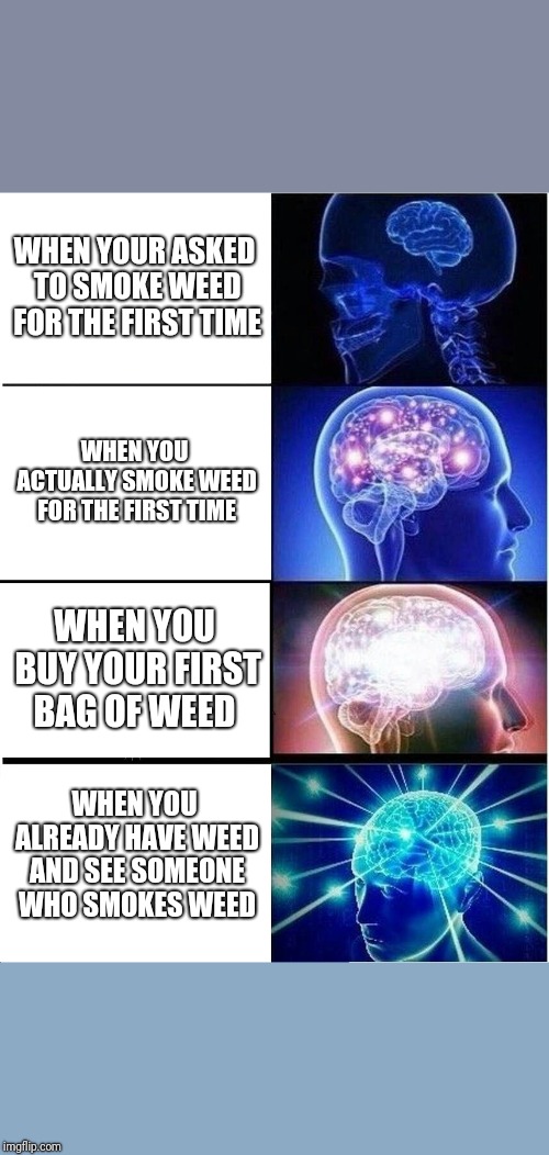 Expanding Brain Meme | WHEN YOUR ASKED TO SMOKE WEED FOR THE FIRST TIME; WHEN YOU ACTUALLY SMOKE WEED FOR THE FIRST TIME; WHEN YOU BUY YOUR FIRST BAG OF WEED; WHEN YOU ALREADY HAVE WEED AND SEE SOMEONE WHO SMOKES WEED | image tagged in memes,expanding brain | made w/ Imgflip meme maker