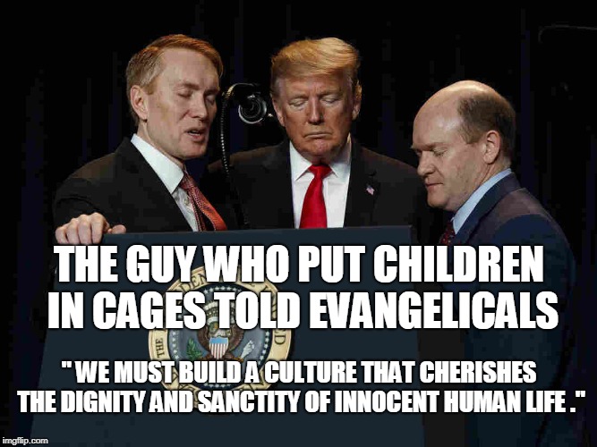 THE GUY WHO PUT CHILDREN IN CAGES TOLD EVANGELICALS; " WE MUST BUILD A CULTURE THAT CHERISHES THE DIGNITY AND SANCTITY OF INNOCENT HUMAN LIFE ." | image tagged in trump,evangelicals | made w/ Imgflip meme maker