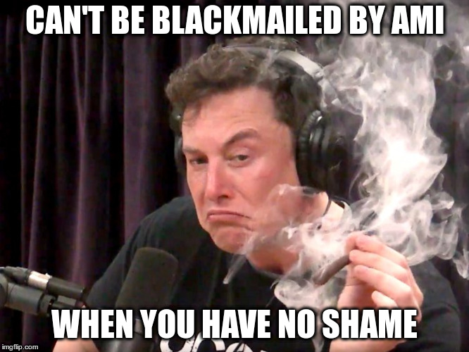 Elon Musk Weed | CAN'T BE BLACKMAILED BY AMI; WHEN YOU HAVE NO SHAME | image tagged in elon musk weed,SpaceXMasterrace | made w/ Imgflip meme maker