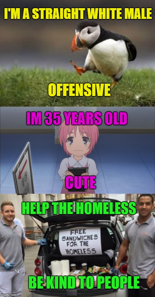 I'M A STRAIGHT WHITE MALE OFFENSIVE HELP THE HOMELESS BE KIND TO PEOPLE IM 35 YEARS OLD CUTE | made w/ Imgflip meme maker