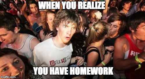 Sudden Clarity Clarence Meme | WHEN YOU REALIZE; YOU HAVE HOMEWORK | image tagged in memes,sudden clarity clarence | made w/ Imgflip meme maker