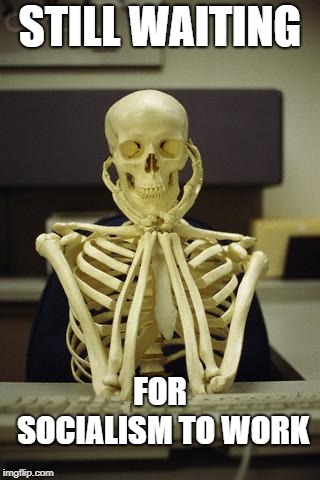 Waiting Skeleton |  STILL WAITING; FOR SOCIALISM TO WORK | image tagged in waiting skeleton | made w/ Imgflip meme maker