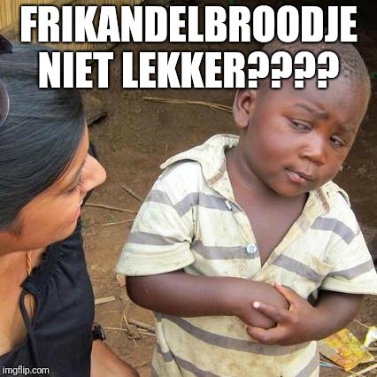 Third World Skeptical Kid | FRIKANDELBROODJE NIET LEKKER???? | image tagged in memes,third world skeptical kid | made w/ Imgflip meme maker