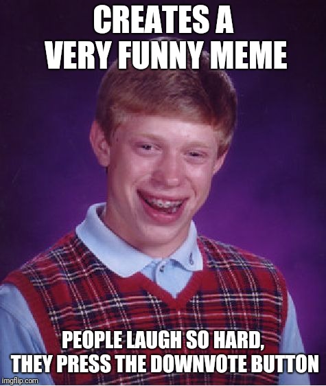Too funny, didn't upvote | CREATES A VERY FUNNY MEME; PEOPLE LAUGH SO HARD, THEY PRESS THE DOWNVOTE BUTTON | image tagged in memes,bad luck brian | made w/ Imgflip meme maker