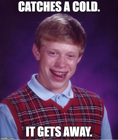 Bad Luck Brian | CATCHES A COLD. IT GETS AWAY. | image tagged in memes,bad luck brian | made w/ Imgflip meme maker
