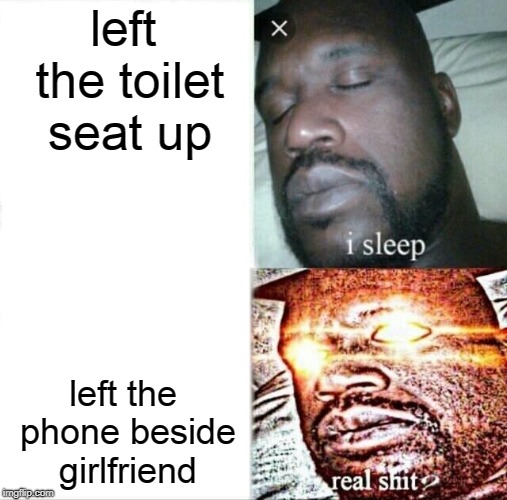 Sleeping Shaq Meme | left the toilet seat up; left the phone beside girlfriend | image tagged in memes,sleeping shaq | made w/ Imgflip meme maker