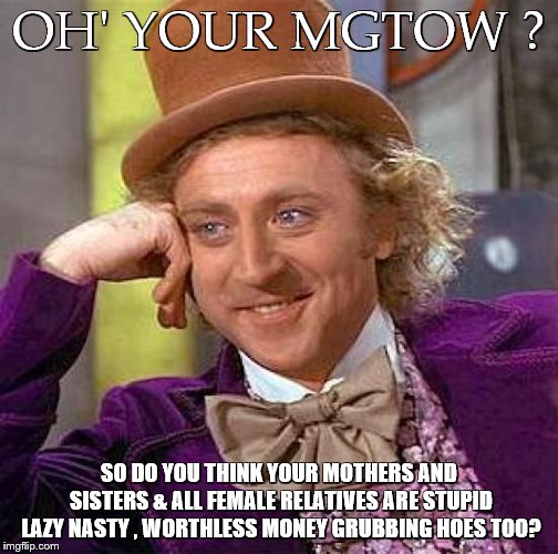 Creepy Condescending Wonka | OH' YOUR MGTOW ? SO DO YOU THINK YOUR MOTHERS AND SISTERS & ALL FEMALE RELATIVES ARE STUPID LAZY NASTY , WORTHLESS MONEY GRUBBING HOES TOO? | image tagged in memes,creepy condescending wonka | made w/ Imgflip meme maker