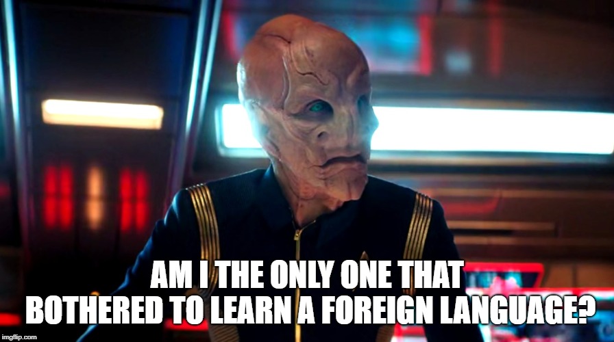 Once we've got the universal translator, who's going to bother? I'm a beginner in Japanese, German and Indonesian.How about you? | AM I THE ONLY ONE THAT BOTHERED TO LEARN A FOREIGN LANGUAGE? | image tagged in language,foreign language,saur,star trek,star trek discovery | made w/ Imgflip meme maker