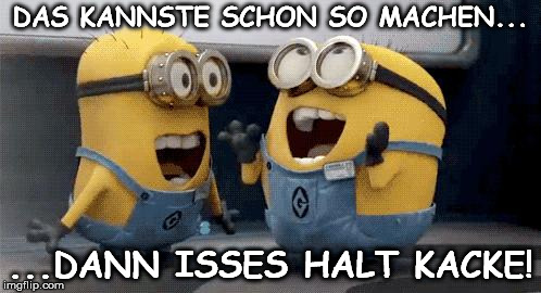 Excited Minions | DAS KANNSTE SCHON SO MACHEN... ...DANN ISSES HALT KACKE! | image tagged in memes,excited minions | made w/ Imgflip meme maker