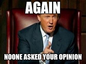 Donald Trump | AGAIN; NOONE ASKED YOUR OPINION | image tagged in donald trump | made w/ Imgflip meme maker