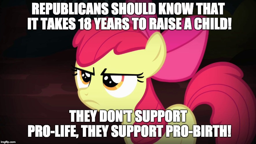 Are those parents going to be responsible for those 18 years? | REPUBLICANS SHOULD KNOW THAT IT TAKES 18 YEARS TO RAISE A CHILD! THEY DON'T SUPPORT PRO-LIFE, THEY SUPPORT PRO-BIRTH! | image tagged in angry applebloom,memes,politics,pro life,parenting | made w/ Imgflip meme maker
