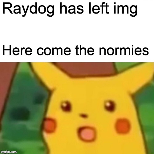 Surprised Pikachu | Raydog has left img; Here come the normies | image tagged in memes,surprised pikachu | made w/ Imgflip meme maker
