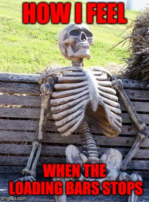 Waiting Skeleton | HOW I FEEL; WHEN THE LOADING BARS STOPS | image tagged in memes,waiting skeleton | made w/ Imgflip meme maker