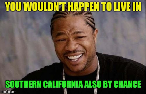 Xibit | YOU WOULDN'T HAPPEN TO LIVE IN SOUTHERN CALIFORNIA ALSO BY CHANCE | image tagged in xibit | made w/ Imgflip meme maker