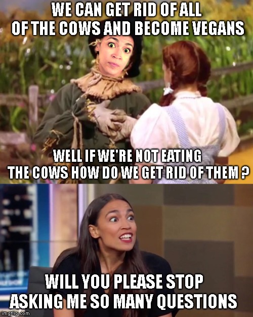 WE CAN GET RID OF ALL OF THE COWS AND BECOME VEGANS WELL IF WE'RE NOT EATING THE COWS HOW DO WE GET RID OF THEM ? WILL YOU PLEASE STOP ASKIN | image tagged in if ocassio-cortez only had a brain | made w/ Imgflip meme maker