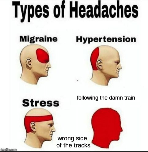 Types of Headaches meme | following the damn train; wrong side of the tracks | image tagged in types of headaches meme | made w/ Imgflip meme maker