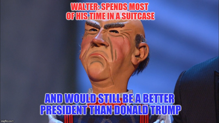 WALTER: SPENDS MOST OF HIS TIME IN A SUITCASE; AND WOULD STILL BE A BETTER PRESIDENT THAN DONALD TRUMP | image tagged in donald trump,trump,president,democrat | made w/ Imgflip meme maker