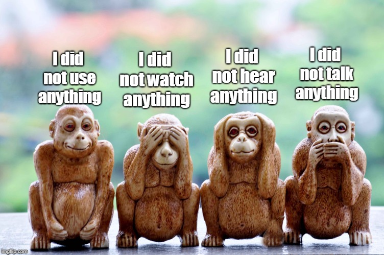 Four monkeys | I did not hear anything; I did not talk anything; I did not watch anything; I did not use anything | image tagged in funny | made w/ Imgflip meme maker