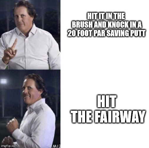 Phil Mickelson (drake) meme | HIT IT IN THE BRUSH AND KNOCK IN A 20 FOOT PAR SAVING PUTT; HIT THE FAIRWAY | image tagged in phil mickelson drake meme | made w/ Imgflip meme maker