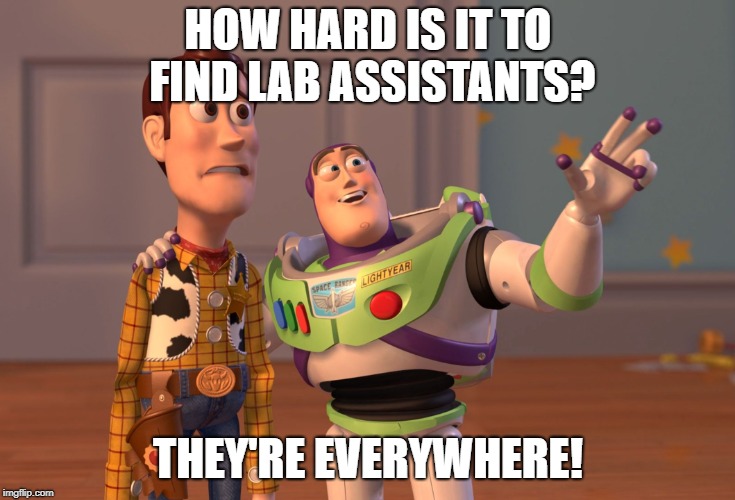 X, X Everywhere Meme | HOW HARD IS IT TO FIND LAB ASSISTANTS? THEY'RE EVERYWHERE! | image tagged in memes,x x everywhere | made w/ Imgflip meme maker