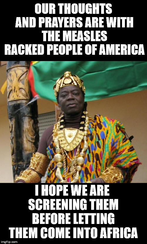 OUR THOUGHTS AND PRAYERS ARE WITH THE MEASLES RACKED PEOPLE OF AMERICA; I HOPE WE ARE SCREENING THEM BEFORE LETTING THEM COME INTO AFRICA | image tagged in measles,african king | made w/ Imgflip meme maker
