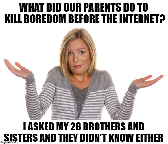 they did what they had to work with | WHAT DID OUR PARENTS DO TO KILL BOREDOM BEFORE THE INTERNET? I ASKED MY 28 BROTHERS AND SISTERS AND THEY DIDN'T KNOW EITHER | image tagged in oh well,before the internet | made w/ Imgflip meme maker
