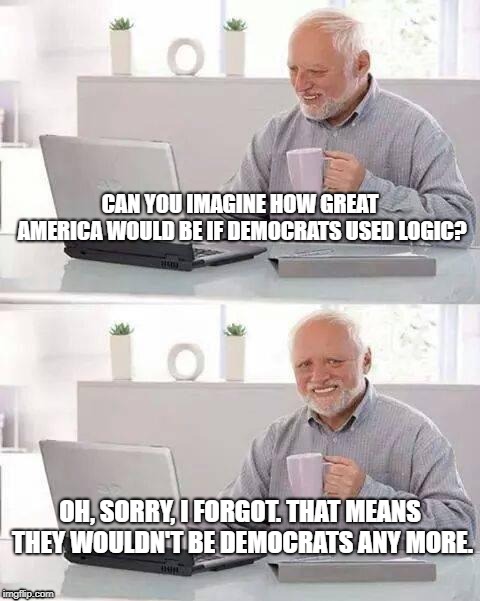 Hide the Pain Harold Meme | CAN YOU IMAGINE HOW GREAT AMERICA WOULD BE IF DEMOCRATS USED LOGIC? OH, SORRY, I FORGOT. THAT MEANS THEY WOULDN'T BE DEMOCRATS ANY MORE. | image tagged in memes,hide the pain harold | made w/ Imgflip meme maker