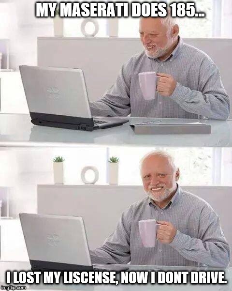 Hide the Pain Harold Meme | MY MASERATI DOES 185... I LOST MY LISCENSE, NOW I DONT DRIVE. | image tagged in memes,hide the pain harold | made w/ Imgflip meme maker