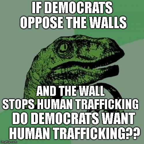 Philosoraptor | IF DEMOCRATS OPPOSE THE WALLS; AND THE WALL STOPS HUMAN TRAFFICKING; DO DEMOCRATS WANT HUMAN TRAFFICKING?? | image tagged in memes,philosoraptor | made w/ Imgflip meme maker