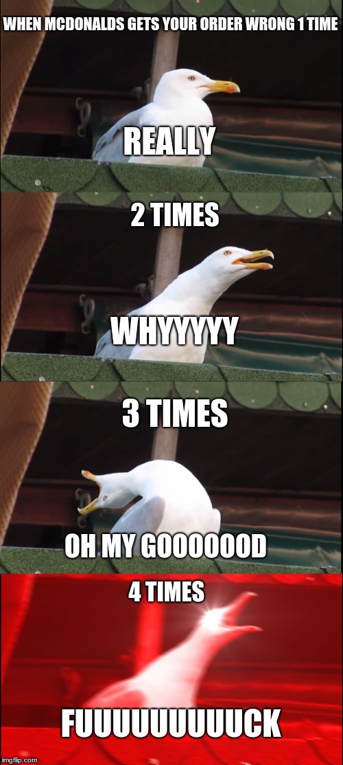 Inhaling Seagull Meme | WHEN MCDONALDS GETS YOUR ORDER WRONG 1 TIME; REALLY; 2 TIMES; WHYYYYY; 3 TIMES; OH MY GOOOOOOD; 4 TIMES; FUUUUUUUUUCK | image tagged in memes,inhaling seagull | made w/ Imgflip meme maker