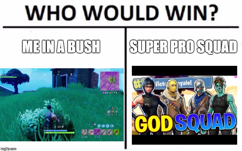 Who Would Win? Meme | ME IN A BUSH; SUPER PRO SQUAD | image tagged in memes,who would win | made w/ Imgflip meme maker