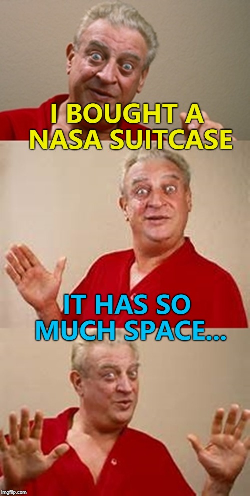 It's out of this world... :) | I BOUGHT A NASA SUITCASE; IT HAS SO MUCH SPACE... | image tagged in bad pun dangerfield,memes,nasa,suitcase | made w/ Imgflip meme maker