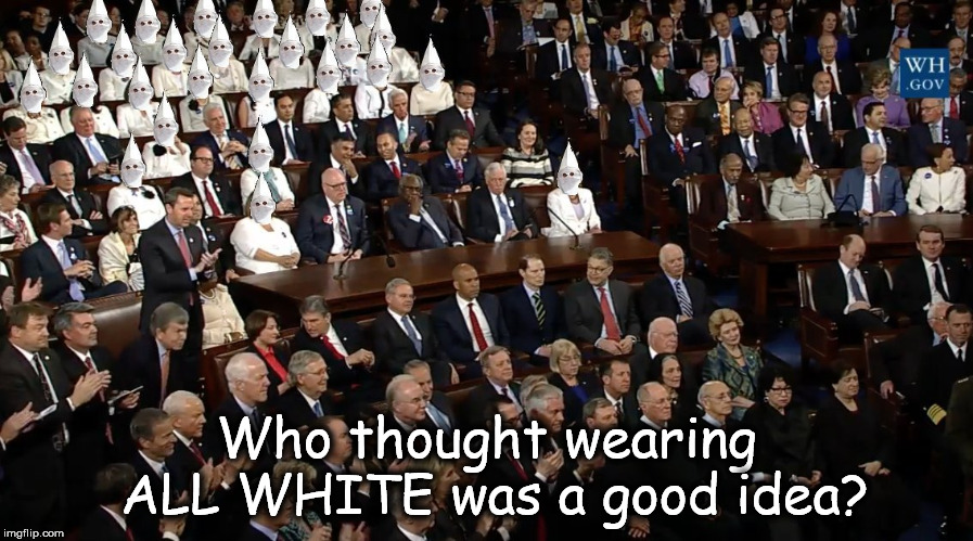 Who thought wearing ALL WHITE was a good idea? | image tagged in kkk demo wimen | made w/ Imgflip meme maker