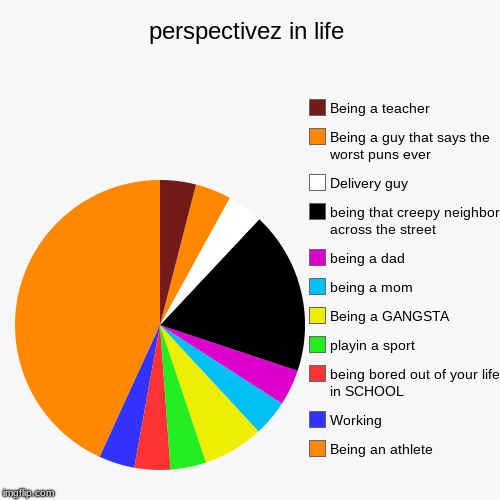 perspectivez in life | Being an athlete, Working, being bored out of your life in SCHOOL, playin a sport, Being a GANGSTA, being a mom, bein | image tagged in funny,pie charts | made w/ Imgflip chart maker