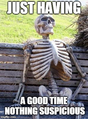 Waiting Skeleton Meme | JUST HAVING; A GOOD TIME NOTHING SUSPICIOUS | image tagged in memes,waiting skeleton | made w/ Imgflip meme maker
