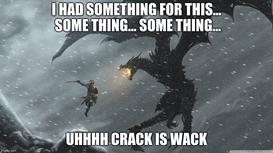Skyrim Dragon Fight |  I HAD SOMETHING FOR THIS... SOME THING... SOME THING... UHHHH CRACK IS WACK | image tagged in skyrim dragon fight | made w/ Imgflip meme maker
