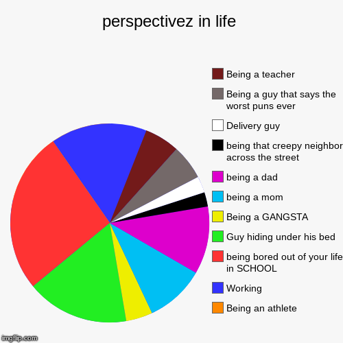 perspectivez in life | Being an athlete, Working, being bored out of your life in SCHOOL, Guy hiding under his bed, Being a GANGSTA, being a | image tagged in funny,pie charts | made w/ Imgflip chart maker