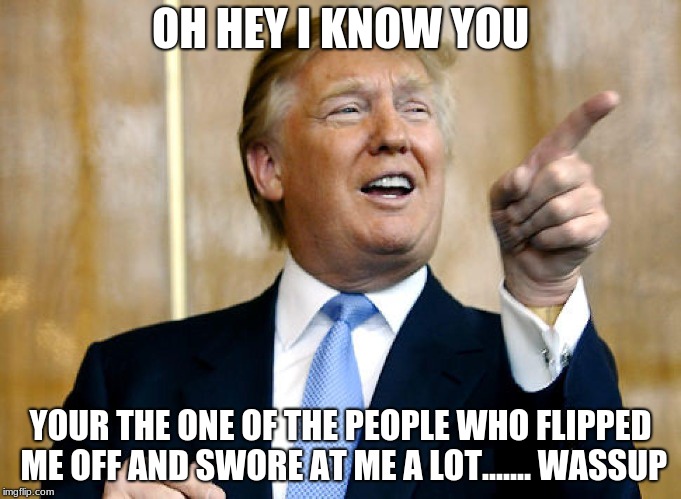 Donald Trump Pointing | OH HEY I KNOW YOU; YOUR THE ONE OF THE PEOPLE WHO FLIPPED ME OFF AND SWORE AT ME A LOT....... WASSUP | image tagged in donald trump pointing | made w/ Imgflip meme maker