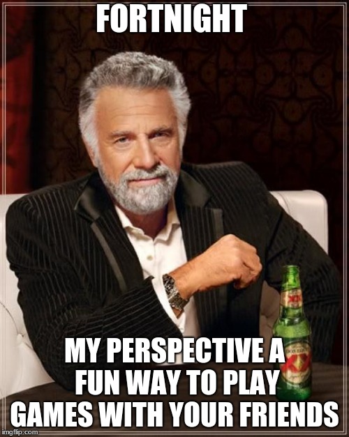 fortnight  232323232
 | FORTNIGHT; MY PERSPECTIVE A FUN WAY TO PLAY GAMES WITH YOUR FRIENDS | image tagged in memes,the most interesting man in the world | made w/ Imgflip meme maker