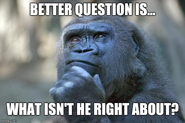that is the question | BETTER QUESTION IS... WHAT ISN'T HE RIGHT ABOUT? | image tagged in that is the question | made w/ Imgflip meme maker