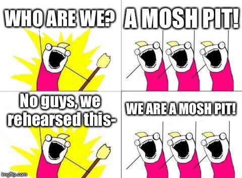 What Do We Want Meme | WHO ARE WE? A MOSH PIT! No guys, we rehearsed this-; WE ARE A MOSH PIT! | image tagged in memes,what do we want | made w/ Imgflip meme maker